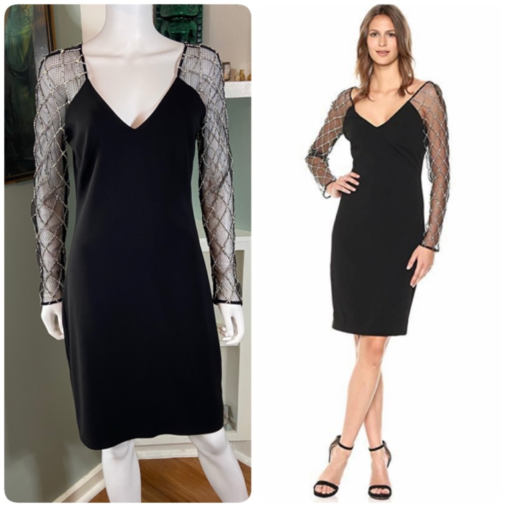 Badgley Mischka Black Dress Beaded Mesh Long Sleeve Sheath Midi Cocktail Sz 4